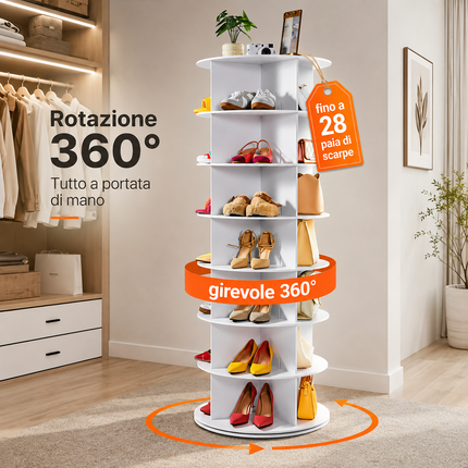 Scarpiera Girevole 360° Salvaspazio, Portascarpe Verticale fino a 28 Paia, Struttura a Ripiani Rotanti, Organizer per Scarpe Borse e Accessori, Ideale per Camera, Ingresso e Cabina Armadio