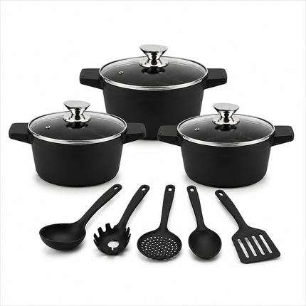 Set Casseruole 11 Pezzi in Alluminio Pressofuso con Rivestimento Effetto Pietra Lavica Antiaderente – 3 Pentole con Coperchi in Vetro (20/24/28 cm) + 5 Utensili da Cucina – Adatte a Induzione
