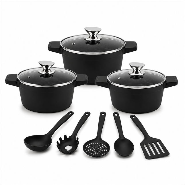 Set Casseruole 11 Pezzi in Alluminio Pressofuso con Rivestimento Effetto Pietra Lavica Antiaderente – 3 Pentole con Coperchi in Vetro (20/24/28 cm) + 5 Utensili da Cucina – Adatte a Induzione