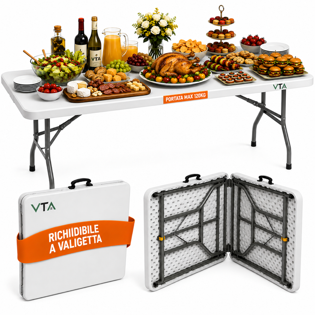 Tavolo Pieghevole Portatile salvaspazio | Tavolo richiudibile | Tavolo da campeggio con Sistema di Blocco di Sicurezza, Fino a 6 Persone - 180x75x74 cm (Bianco)