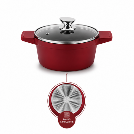 Set Casseruole 11 Pezzi in Alluminio Pressofuso con Rivestimento Effetto Pietra Lavica Antiaderente – 3 Pentole con Coperchi in Vetro (20/24/28 cm) + 5 Utensili da Cucina – Adatte a Induzione