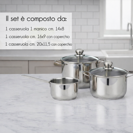 Batteria Pentole 5 Pezzi in Acciaio Inox – Set Casseruole con Coperchio in Vetro, Adatta a Tutti i Piani Cottura Inclusa Induzione, Pentola con Manico Lungo 14x8 cm + Casseruola 16x9 cm e 20x11,5 cm