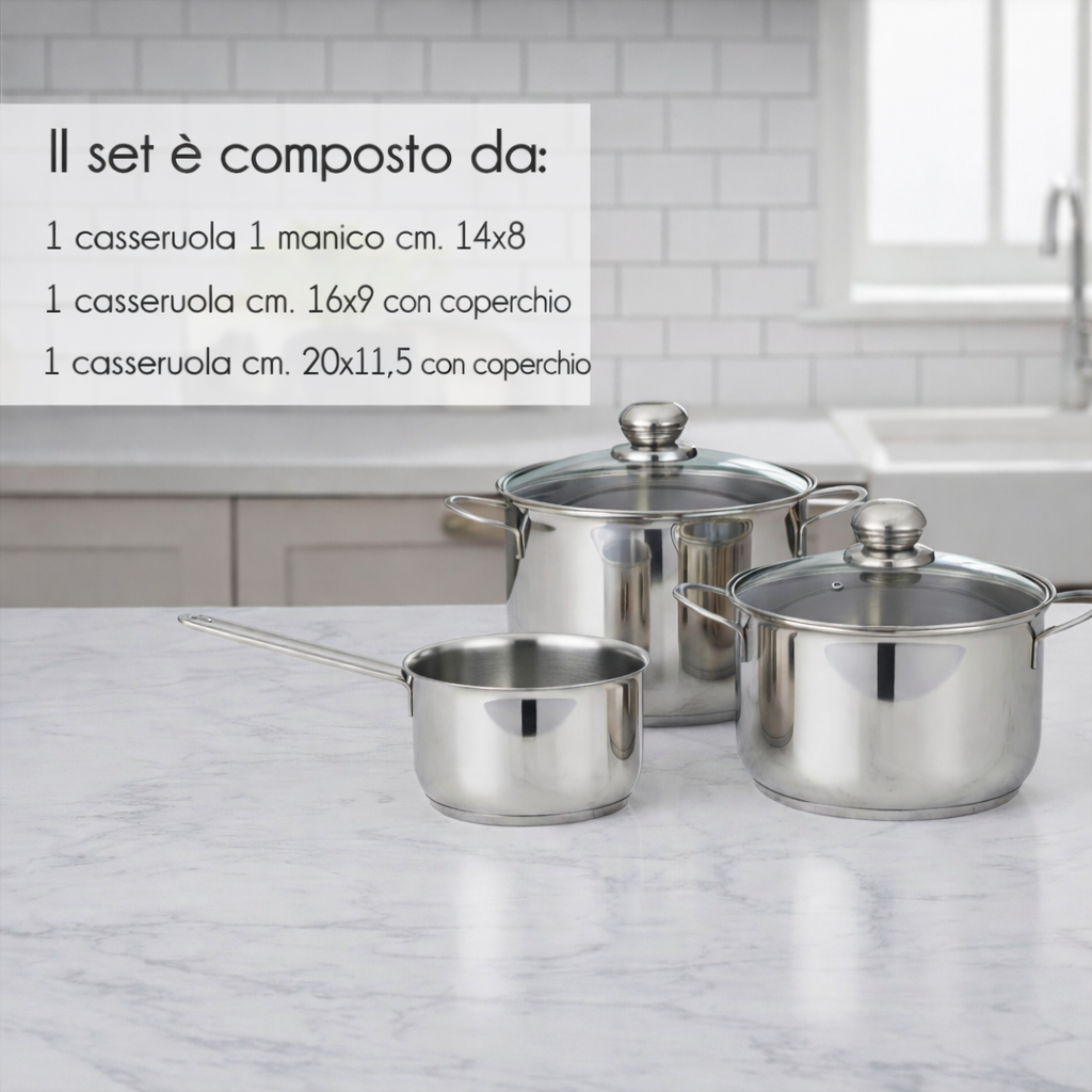 Batteria Pentole 5 Pezzi in Acciaio Inox – Set Casseruole con Coperchio in Vetro, Adatta a Tutti i Piani Cottura Inclusa Induzione, Pentola con Manico Lungo 14x8 cm + Casseruola 16x9 cm e 20x11,5 cm