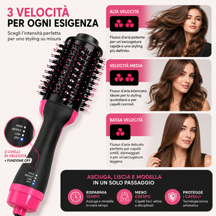 Spazzola Asciugacapelli 3 in 1, Asciuga, Liscia e Volumizza i capelli