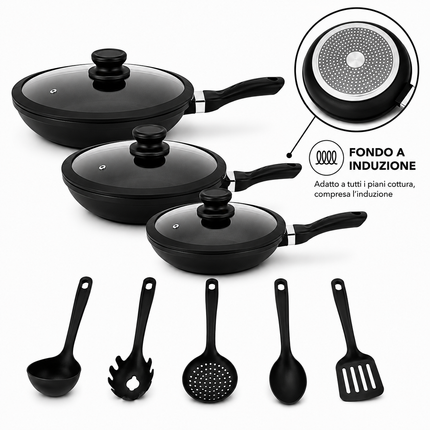Set Padelle 11 Pezzi con Rivestimento Pietra Lavica Antiaderente – 3 Padelle con Coperchio in Vetro e Guarnizione in Silicone (20/24/28 cm) + 5 Utensili Cucina – Fondo Induzione, Senza PFOA