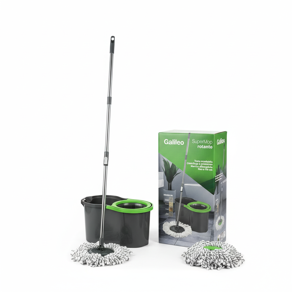SuperMop Rotante con Secchio 16L e Strizzatore a Pressione, Mop in Microfibra con Testa Snodabile 360°, Manico Telescopico Allungabile fino a 110 cm, Ideale per Piastrelle, Parquet, Marmo e Mosaico