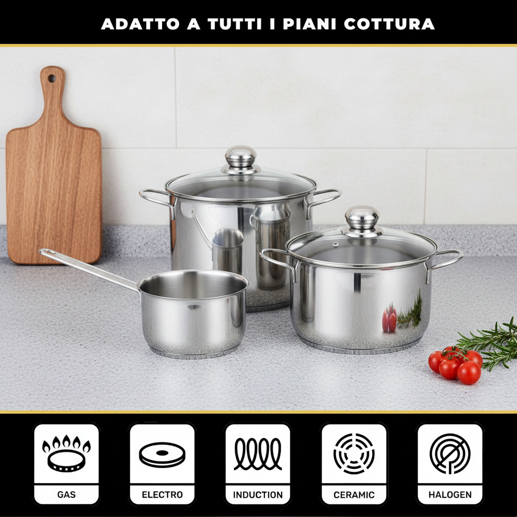 Batteria Pentole 5 Pezzi in Acciaio Inox – Set Casseruole con Coperchio in Vetro, Adatta a Tutti i Piani Cottura Inclusa Induzione, Pentola con Manico Lungo 14x8 cm + Casseruola 16x9 cm e 20x11,5 cm