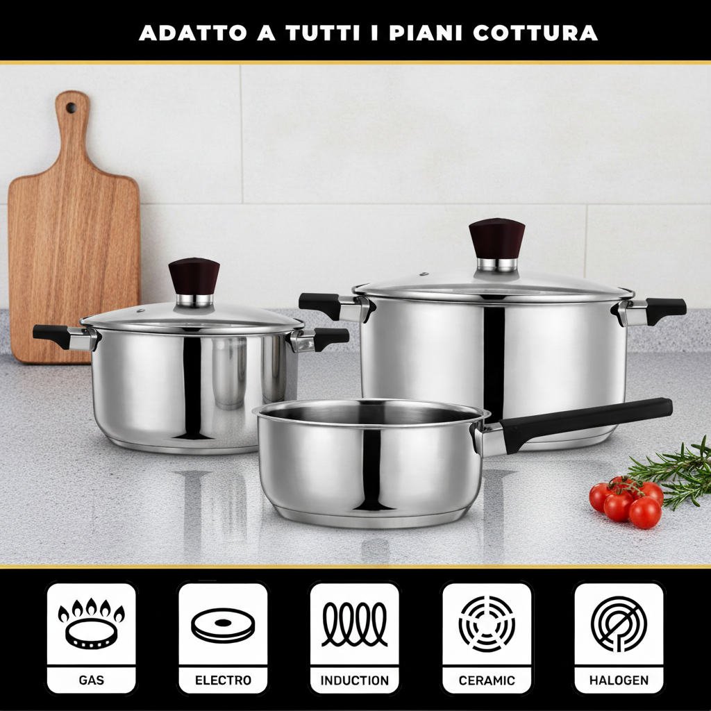 Batteria di Pentole in Acciaio Inox 18/0 per Induzione – Set 3 Pezzi con Coperchio – 1 Casseruola con Manico 16x7,5 cm + 2 Casseruole con Coperchio 18x9,5 cm e 20x10,5 cm – Adatte a Tutti i Piani Cottura