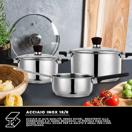 Batteria di Pentole in Acciaio Inox 18/0 per Induzione – Set 3 Pezzi con Coperchio – 1 Casseruola con Manico 16x7,5 cm + 2 Casseruole con Coperchio 18x9,5 cm e 20x10,5 cm – Adatte a Tutti i Piani Cottura