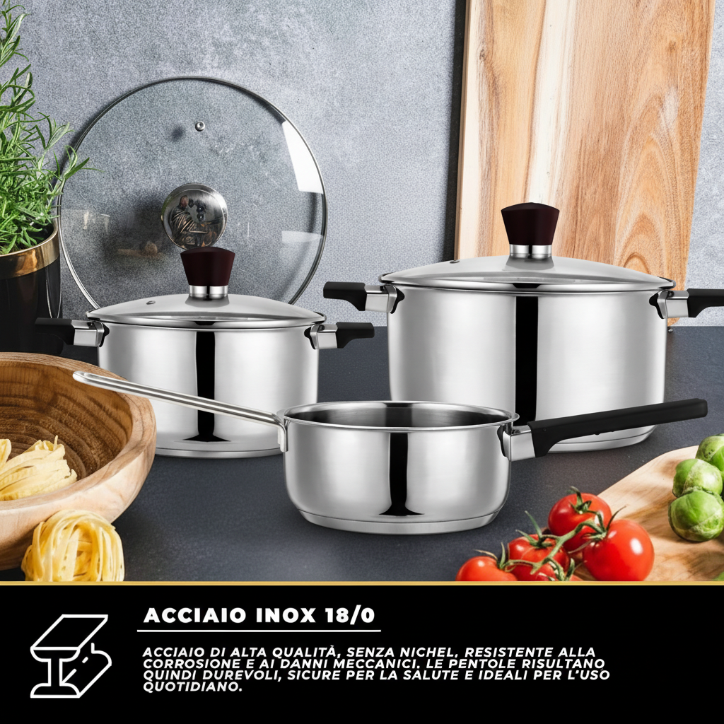 Batteria di Pentole in Acciaio Inox 18/0 per Induzione – Set 3 Pezzi con Coperchio – 1 Casseruola con Manico 16x7,5 cm + 2 Casseruole con Coperchio 18x9,5 cm e 20x10,5 cm – Adatte a Tutti i Piani Cottura
