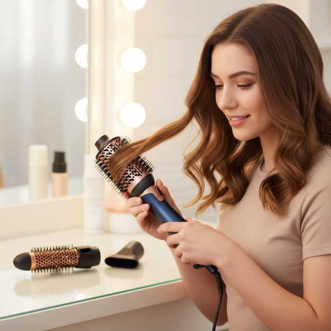 Spazzola Asciugacapelli 3 in 1 ad Aria Calda con 2 Testine Intercambiabili – Phon Spazzola Professionale con 3 Temperature e 3 Velocità, Riscaldamento Rapido 30s, Beccuccio Styling per Lisciare, Volumizzare e Modellare