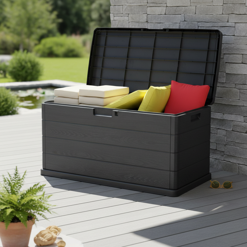 Baule da Giardino 170/340L in Resina Effetto Legno Cassapanca Contenitore Esterno Impermeabile con Coperchio e Maniglie Box Porta Cuscini, Attrezzi e Giochi da Esterno Antracite