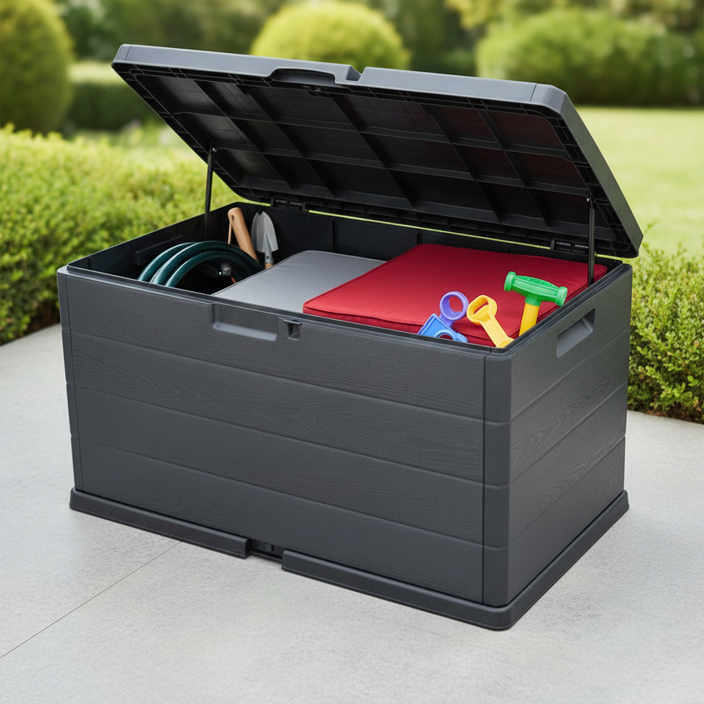 Baule da Giardino 170/340L in Resina Effetto Legno Cassapanca Contenitore Esterno Impermeabile con Coperchio e Maniglie Box Porta Cuscini, Attrezzi e Giochi da Esterno Antracite