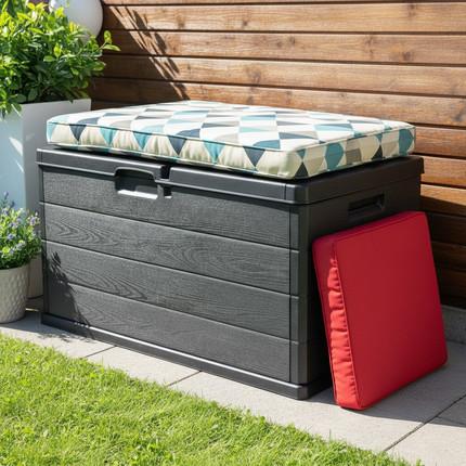 Baule da Giardino 170/340L in Resina Effetto Legno Cassapanca Contenitore Esterno Impermeabile con Coperchio e Maniglie Box Porta Cuscini, Attrezzi e Giochi da Esterno Antracite