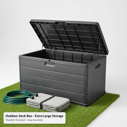 Baule da Giardino 170/340L in Resina Effetto Legno Cassapanca Contenitore Esterno Impermeabile con Coperchio e Maniglie Box Porta Cuscini, Attrezzi e Giochi da Esterno Antracite