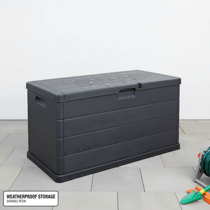 Baule da Giardino 170/340L in Resina Effetto Legno Cassapanca Contenitore Esterno Impermeabile con Coperchio e Maniglie Box Porta Cuscini, Attrezzi e Giochi da Esterno Antracite