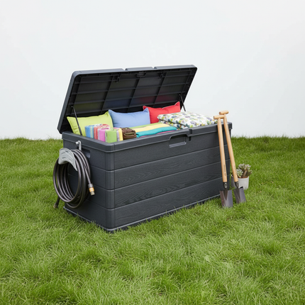 Baule da Giardino 170/340L in Resina Effetto Legno Cassapanca Contenitore Esterno Impermeabile con Coperchio e Maniglie Box Porta Cuscini, Attrezzi e Giochi da Esterno Antracite