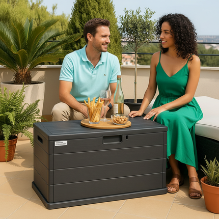 Baule da Giardino 170/340L in Resina Effetto Legno Cassapanca Contenitore Esterno Impermeabile con Coperchio e Maniglie Box Porta Cuscini, Attrezzi e Giochi da Esterno Antracite