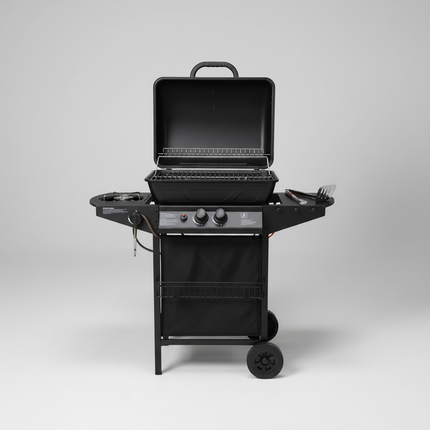 Barbecue BBQ a Gas Completo per Giardino  2 Bruciatori + Fornello Laterale, Compatto con Ruote e Ripiani – Perfetto per Grigliate
