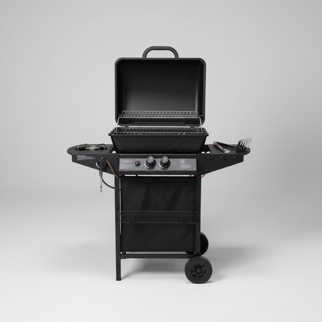 Barbecue BBQ a Gas Completo per Giardino  2 Bruciatori + Fornello Laterale, Compatto con Ruote e Ripiani – Perfetto per Grigliate