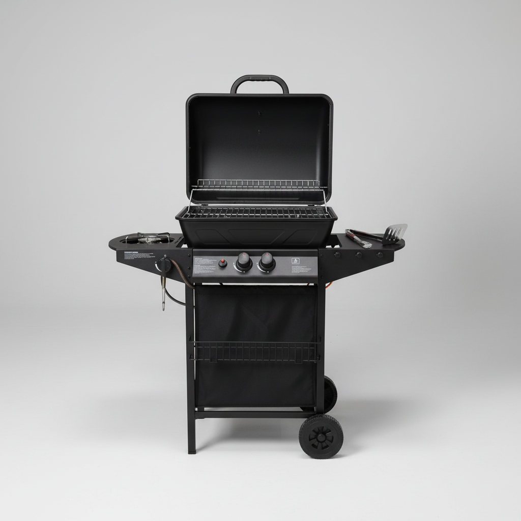 Barbecue BBQ a Gas Completo per Giardino  2 Bruciatori + Fornello Laterale, Compatto con Ruote e Ripiani – Perfetto per Grigliate
