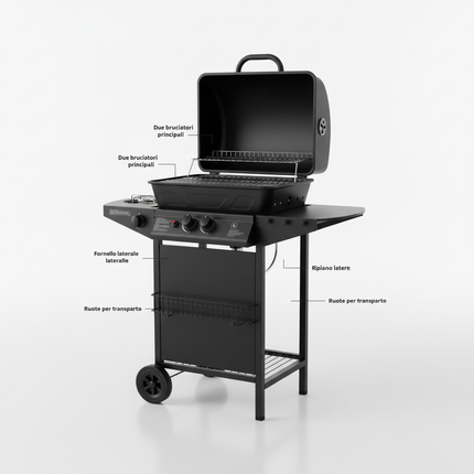 Barbecue BBQ a Gas Completo per Giardino  2 Bruciatori + Fornello Laterale, Compatto con Ruote e Ripiani – Perfetto per Grigliate