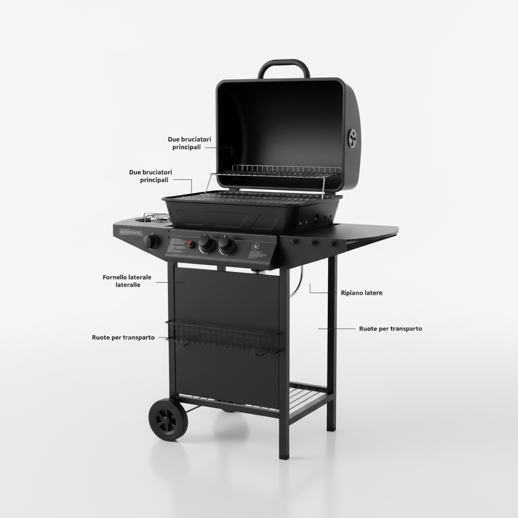 Barbecue BBQ a Gas Completo per Giardino  2 Bruciatori + Fornello Laterale, Compatto con Ruote e Ripiani – Perfetto per Grigliate