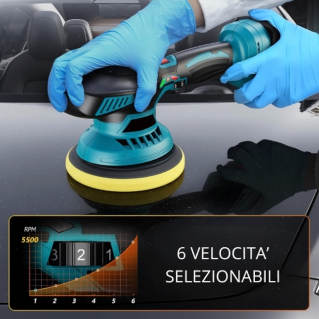 Lucidatrice Auto Orbitale a Batteria con 6 Velocità – Kit Lucidatura Completo con Tamponi e Accessori, Levigatrice Rotorbitale per Auto, Moto e Superfici