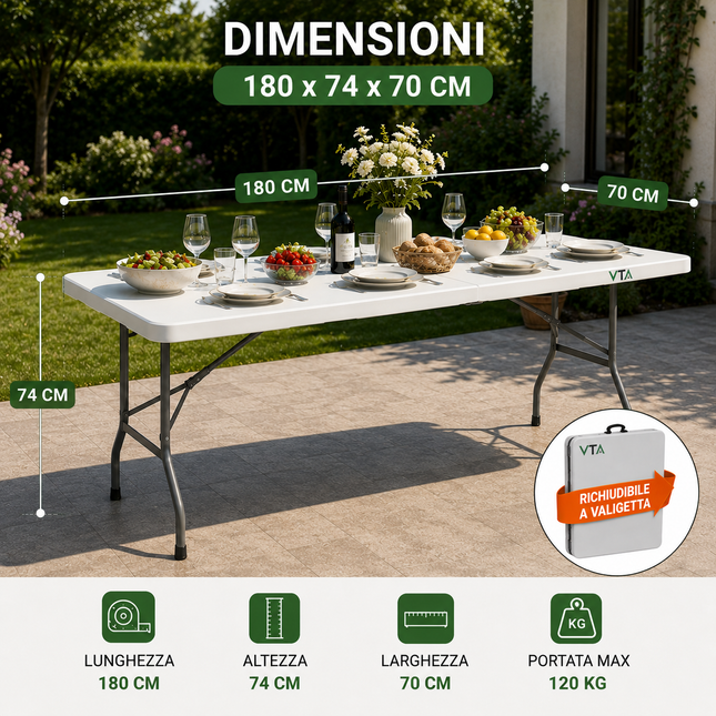 Tavolo Pieghevole Portatile salvaspazio | Tavolo richiudibile | Tavolo da campeggio con Sistema di Blocco di Sicurezza, Fino a 6 Persone - 180x75x74 cm (Bianco)