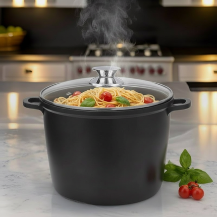 Pentolone Spaghettiera Antiaderente Effetto Pietra Lavica – Pentola Grande per Pasta e Spaghetti, Adatta a Induzione e Gas, Coperchio in Vetro Temperato e Manici Removibili in Silicone
