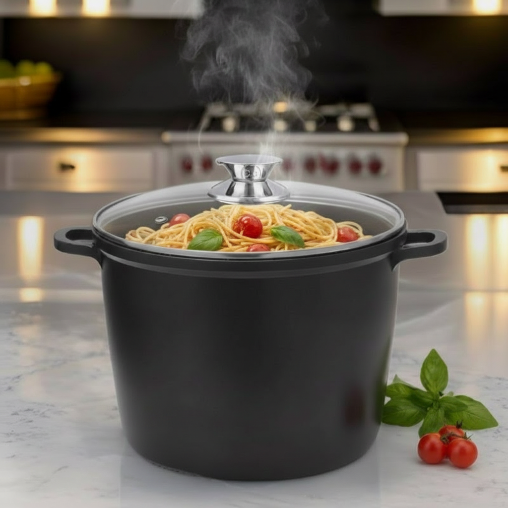 Pentolone Spaghettiera Antiaderente Effetto Pietra Lavica – Pentola Grande per Pasta e Spaghetti, Adatta a Induzione e Gas, Coperchio in Vetro Temperato e Manici Removibili in Silicone