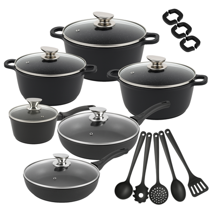 Set di Pentole 23 Pezzi Antiaderente con Coperchi in Vetro – Batteria di Pentole e Padelle con Manici Removibili, Mestoli e Accessori in Silicone – Adatte a Tutti i Piani di Cottura, Induzione Inclusa