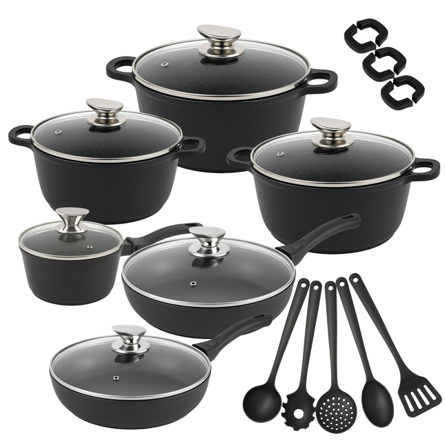 Set di Pentole 23 Pezzi Antiaderente con Coperchi in Vetro – Batteria di Pentole e Padelle con Manici Removibili, Mestoli e Accessori in Silicone – Adatte a Tutti i Piani di Cottura, Induzione Inclusa