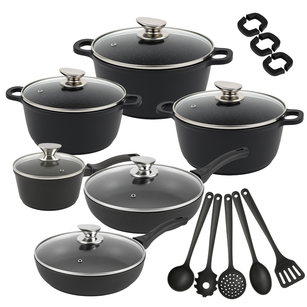 Set di Pentole 23 Pezzi Antiaderente con Coperchi in Vetro – Batteria di Pentole e Padelle con Manici Removibili, Mestoli e Accessori in Silicone – Adatte a Tutti i Piani di Cottura, Induzione Inclusa