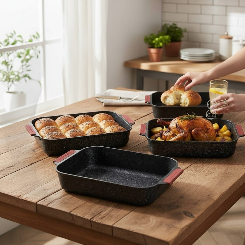 Set 3 Teglie da Forno Antiaderenti con Manici in Silicone Rimovibili – Teglie Rettangolari Resistenti ad Alte Temperature, Set Teglie da Cucina per Lasagne, Arrosti e Dolci
