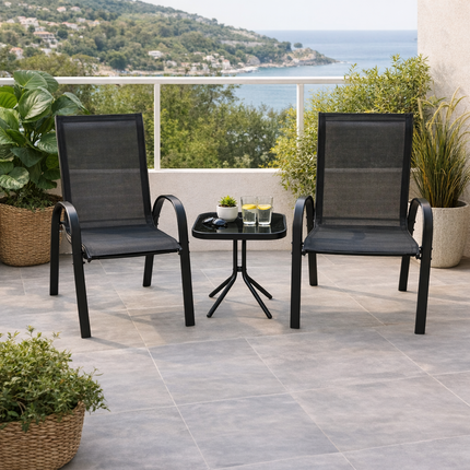 Set da Giardino 3 Pezzi Positano – 2 Sedie con Braccioli + Tavolino con Piano in Vetro Temperato – Struttura in Acciaio, Colore Grigio, Ideale per Balcone e Terrazzo