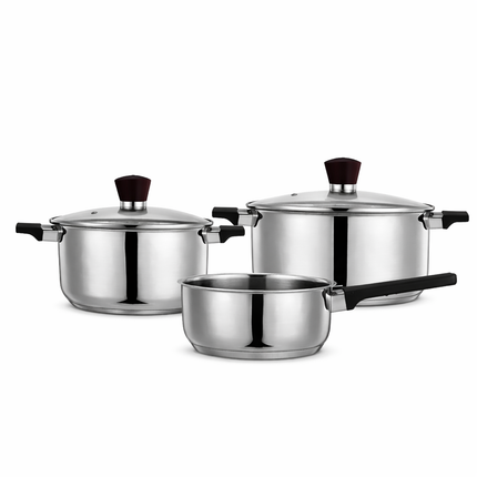 Batteria di Pentole in Acciaio Inox 18/0 per Induzione – Set 3 Pezzi con Coperchio – 1 Casseruola con Manico 16x7,5 cm + 2 Casseruole con Coperchio 18x9,5 cm e 20x10,5 cm – Adatte a Tutti i Piani Cottura