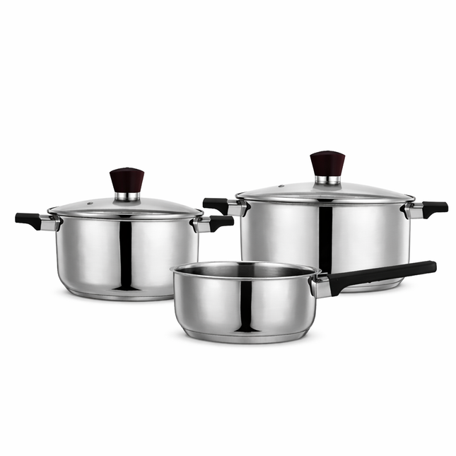 Batteria di Pentole in Acciaio Inox 18/0 per Induzione – Set 3 Pezzi con Coperchio – 1 Casseruola con Manico 16x7,5 cm + 2 Casseruole con Coperchio 18x9,5 cm e 20x10,5 cm – Adatte a Tutti i Piani Cottura