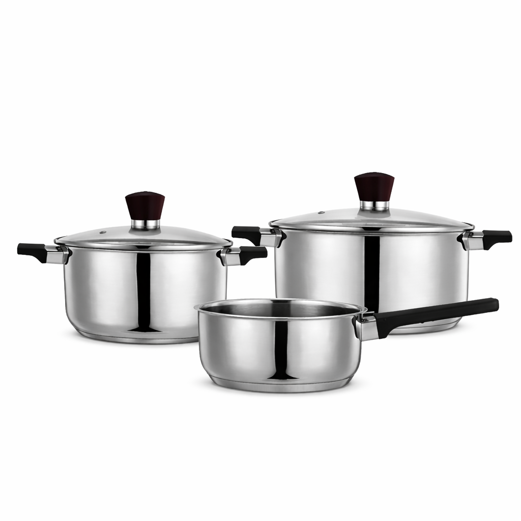 Batteria di Pentole in Acciaio Inox 18/0 per Induzione – Set 3 Pezzi con Coperchio – 1 Casseruola con Manico 16x7,5 cm + 2 Casseruole con Coperchio 18x9,5 cm e 20x10,5 cm – Adatte a Tutti i Piani Cottura