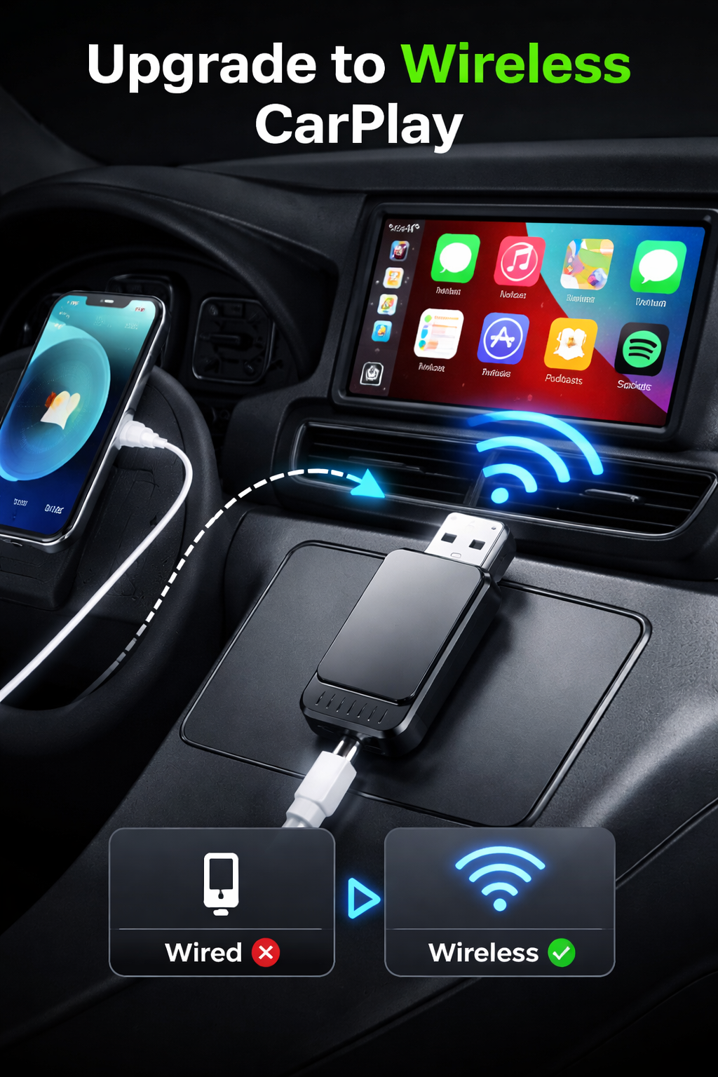 Adattatore Wireless CarPlay USB – Trasforma Apple CarPlay da Cablato a Senza Fili, Plug & Play per Auto con CarPlay di Serie, Connessione Automatica, Elimina i Cavi