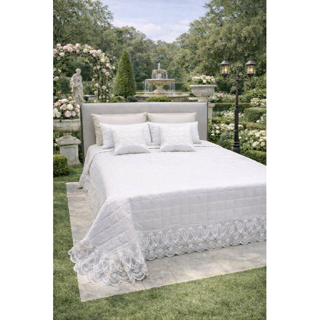 Trapuntino Copriletto Matrimoniale Trapuntato con Balza in Pizzo Ricamato, Copriletto Elegante Tinta Unita con Cuscini Coordinati, Coperta Letto Decorativa per Camera da Letto – Stile Classico