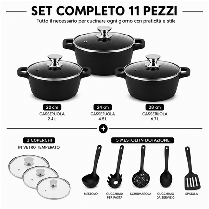 Set Casseruole 11 Pezzi in Alluminio Pressofuso con Rivestimento Effetto Pietra Lavica Antiaderente – 3 Pentole con Coperchi in Vetro (20/24/28 cm) + 5 Utensili da Cucina – Adatte a Induzione