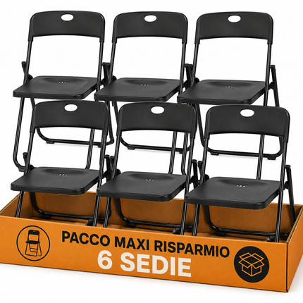 Set da 6 Sedie Pieghevoli con Struttura in Acciaio e PVC, Seduta Salvaspazio Richiudibile con Piedini e Maniglia, da Viaggio, Cucina, Soggiorno, Camera da Letto, 74x43x49 cm