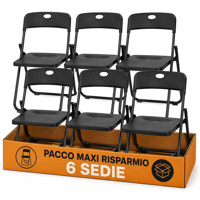 Set da 6 Sedie Pieghevoli con Struttura in Acciaio e PVC, Seduta Salvaspazio Richiudibile con Piedini e Maniglia, da Viaggio, Cucina, Soggiorno, Camera da Letto, 74x43x49 cm
