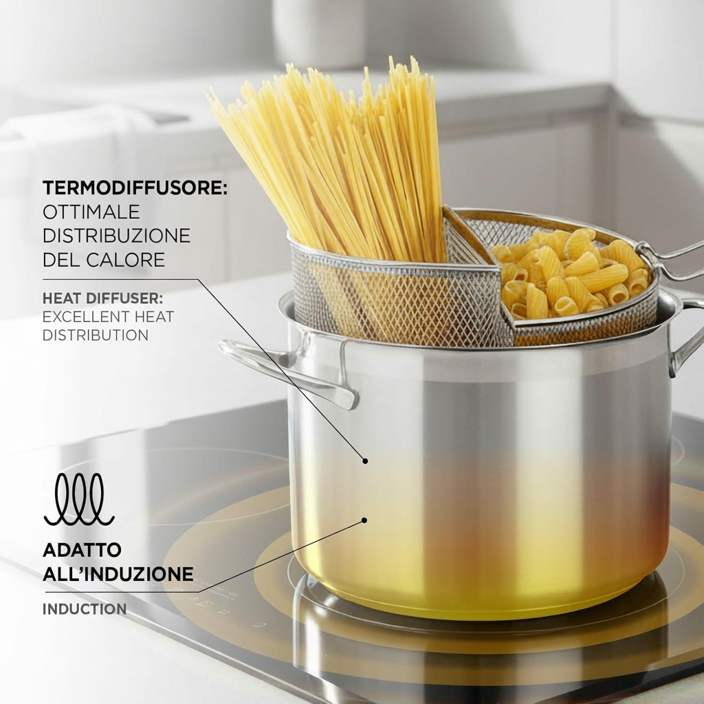 Spaghettiere Doppio Cestello, Made in Italy, Acciaio inox 18/10. Triplo fondo. Induzione+Gas. PFAS free. Cuoce 2 tipi di pasta contemporaneamente