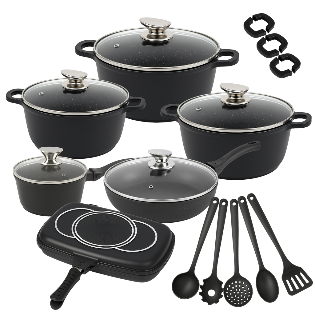 Set di Pentole 22 Pezzi Antiaderenti con Bistecchiera Batteria di Pentole e Padelle con Coperchi in Vetro, Manici Removibili, Mestoli e Accessori in Silicone Per Tutti i Piani di Cottura, Induzione