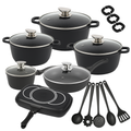 Set di Pentole 22 Pezzi Antiaderenti con Bistecchiera Batteria di Pentole e Padelle con Coperchi in Vetro, Manici Removibili, Mestoli e Accessori in Silicone Per Tutti i Piani di Cottura, Induzione