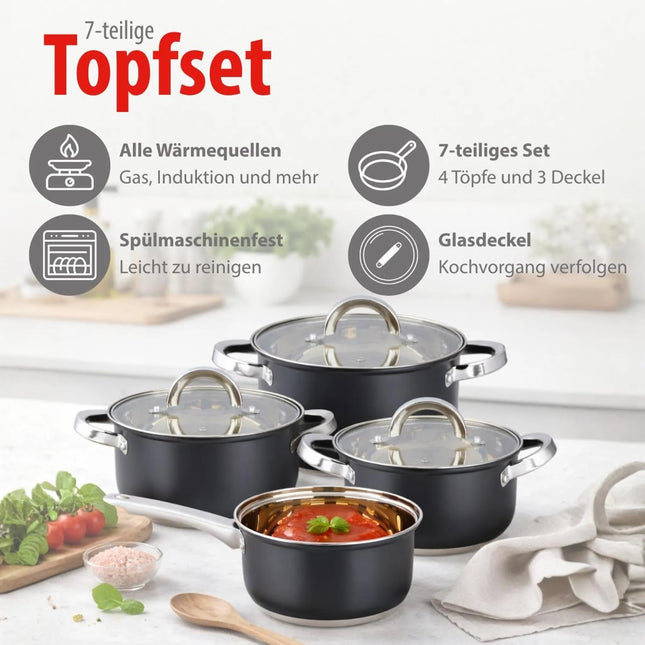 Set Pentole 7 Pezzi in Acciaio con Coperchi in Vetro – Batterie da Cucina per Induzione, Gas e Piano Elettrico, Antiaderenti, Lavabili in Lavastoviglie, Pentole e Casseruole con Manici Ergonomici