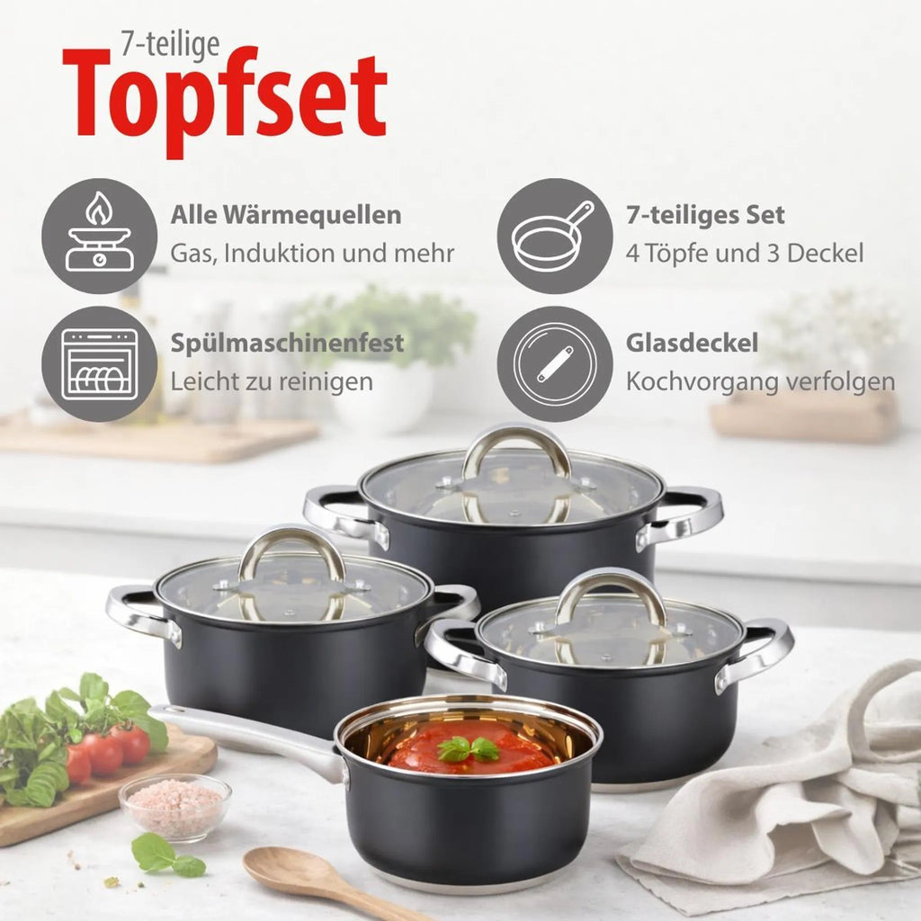 Set Pentole 7 Pezzi in Acciaio con Coperchi in Vetro – Batterie da Cucina per Induzione, Gas e Piano Elettrico, Antiaderenti, Lavabili in Lavastoviglie, Pentole e Casseruole con Manici Ergonomici