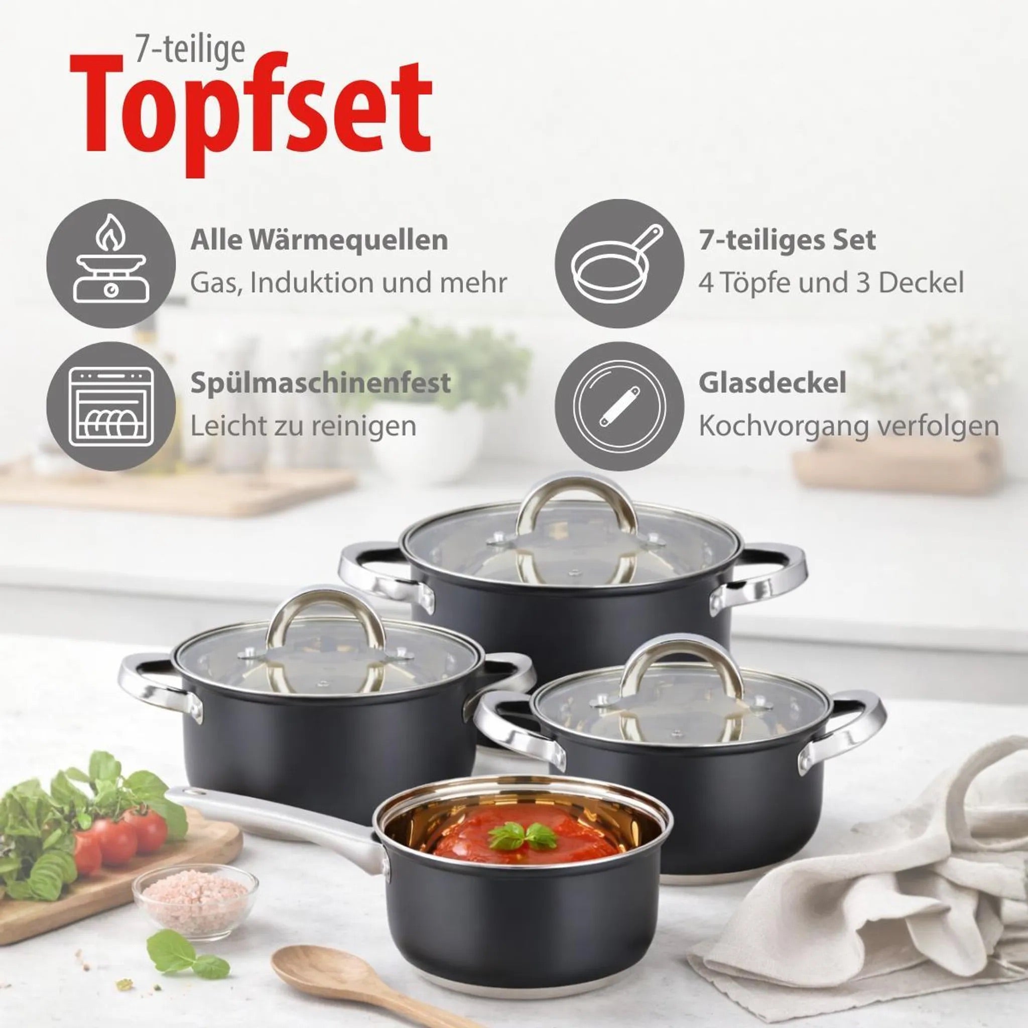 Set Pentole 7 Pezzi in Acciaio con Coperchi in Vetro – Batterie da Cucina per Induzione, Gas e Piano Elettrico, Antiaderenti, Lavabili in Lavastoviglie, Pentole e Casseruole con Manici Ergonomici